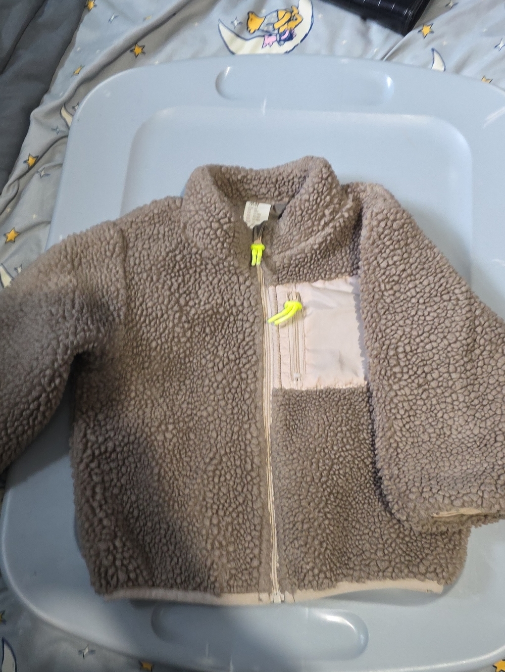 H&M Taupe Sherpa Fleece Jacket with Neon Yellow Accents